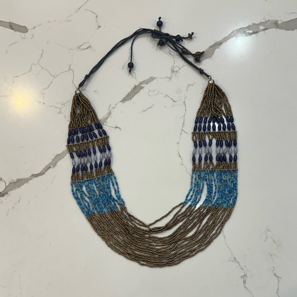 Women's Boho Tribal Chunky Multi Strand Bead and Gold Accent Necklace Turquoise